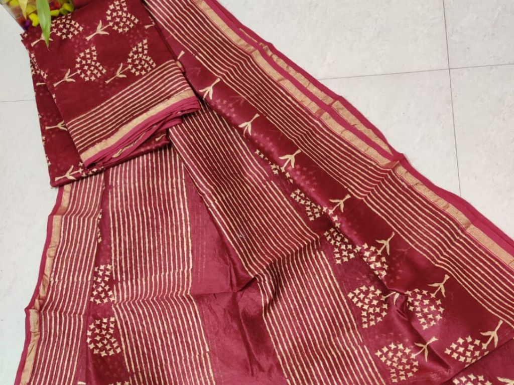 Maroon Flower Print Chanderi Silk Unstitched Suit Set with Chanderi Silk Dupatta