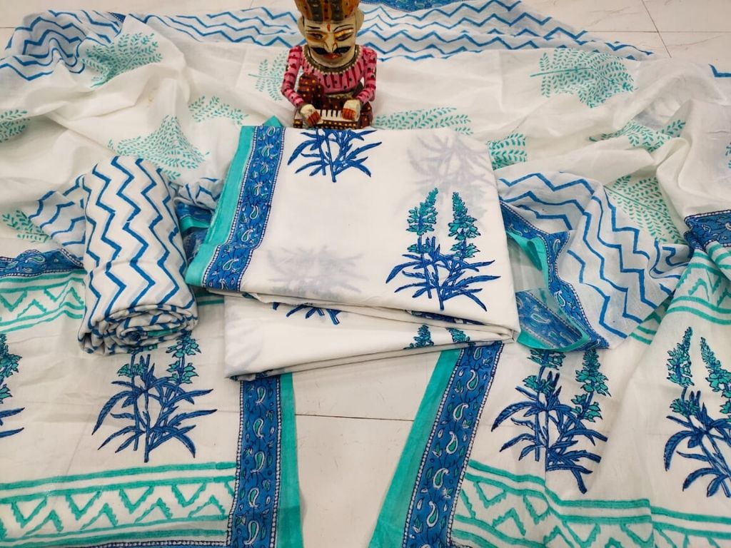 White & Blue Flower Print Cotton Suit Set with Cotton Duppatta
