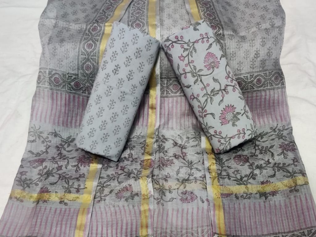 Grey Flower Print Cotton Unstitched Suit Set with Kota Silk Dupatta