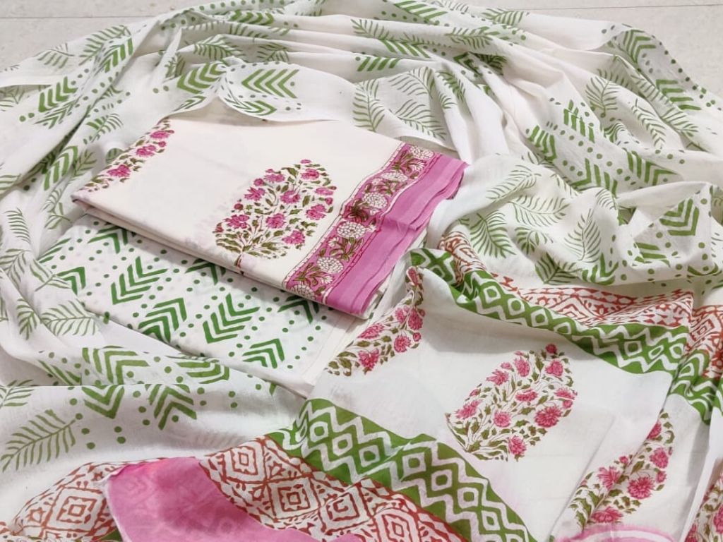 Pink Flower Print Cotton Suit Set with Cotton Duppatta