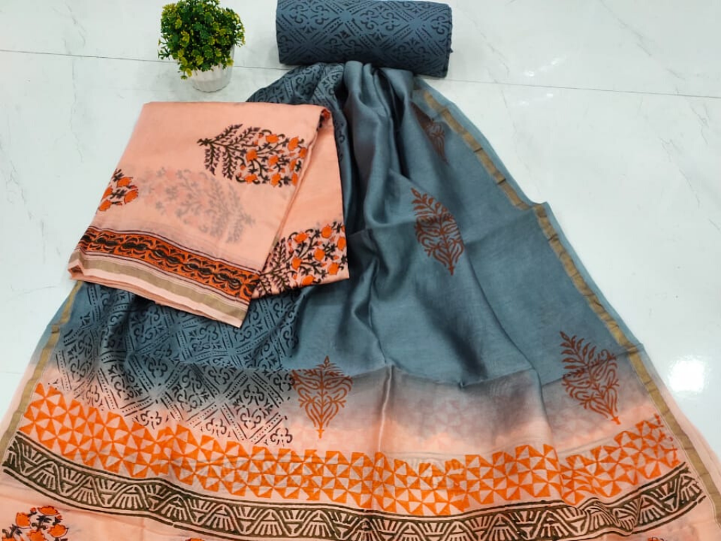 Peach & Grey Flower Print Chanderi Silk Unstitched Suit Set with Chanderi Silk Dupatta