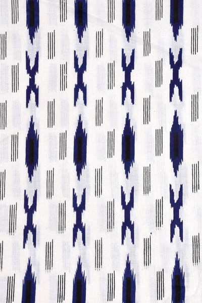 White & Blue Lining Printed Ikat Fabric