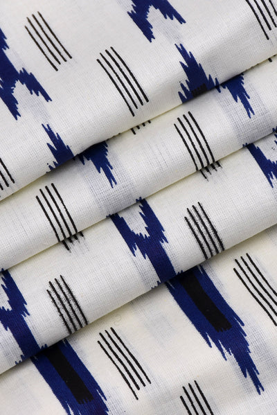 White & Blue Lining Printed Ikat Fabric