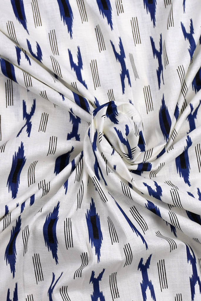 White & Blue Lining Printed Ikat Fabric
