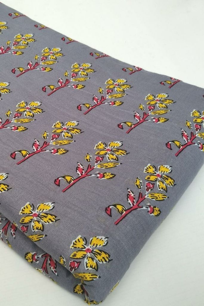 Grey Yellow Flower Print Cotton Fabric