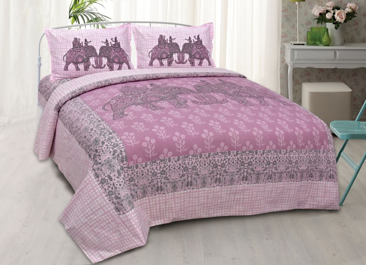 Pink Elephant Print King Size Cotton Bed Sheet