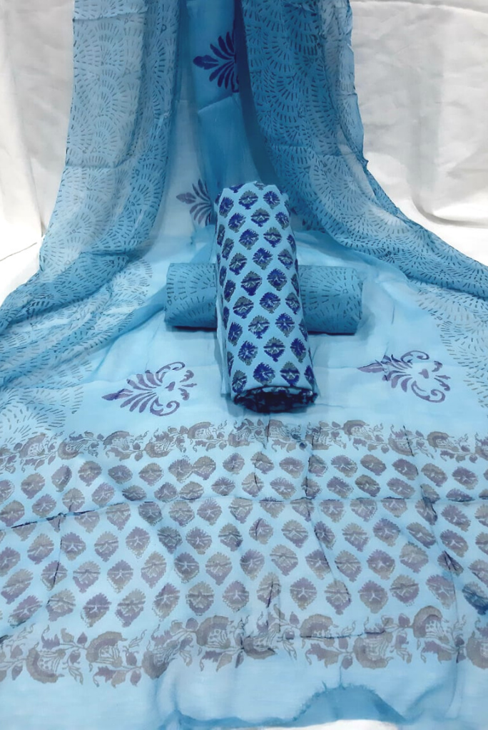 Sky Blue Printed Unstitched Suit with Chiffon Dupatta