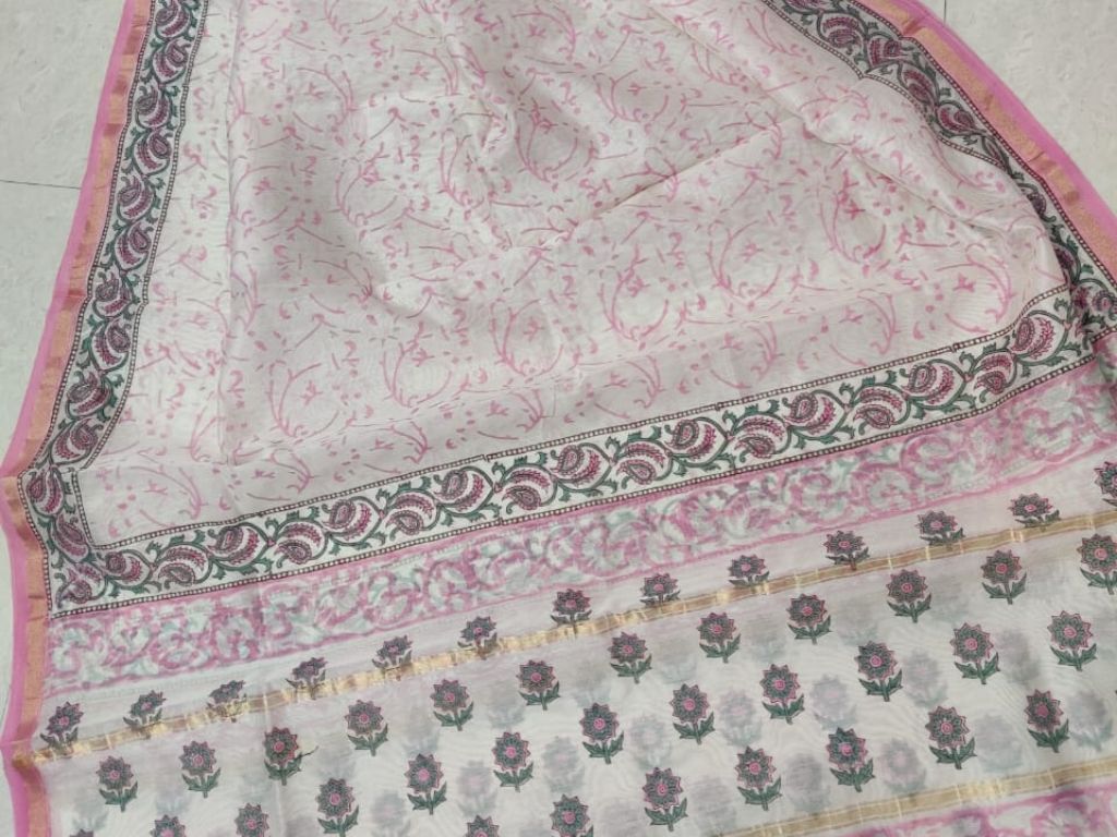 Pink Flower Print Chanderi Silk Unstitched Suit Set with Chanderi Silk Dupatta