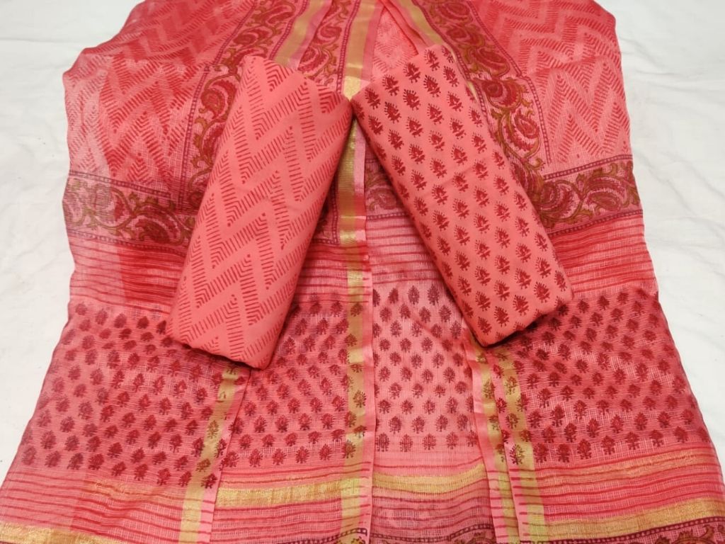 Orange Rose Butta Print Cotton Unstitched Suit Set with Kota Silk Dupatta