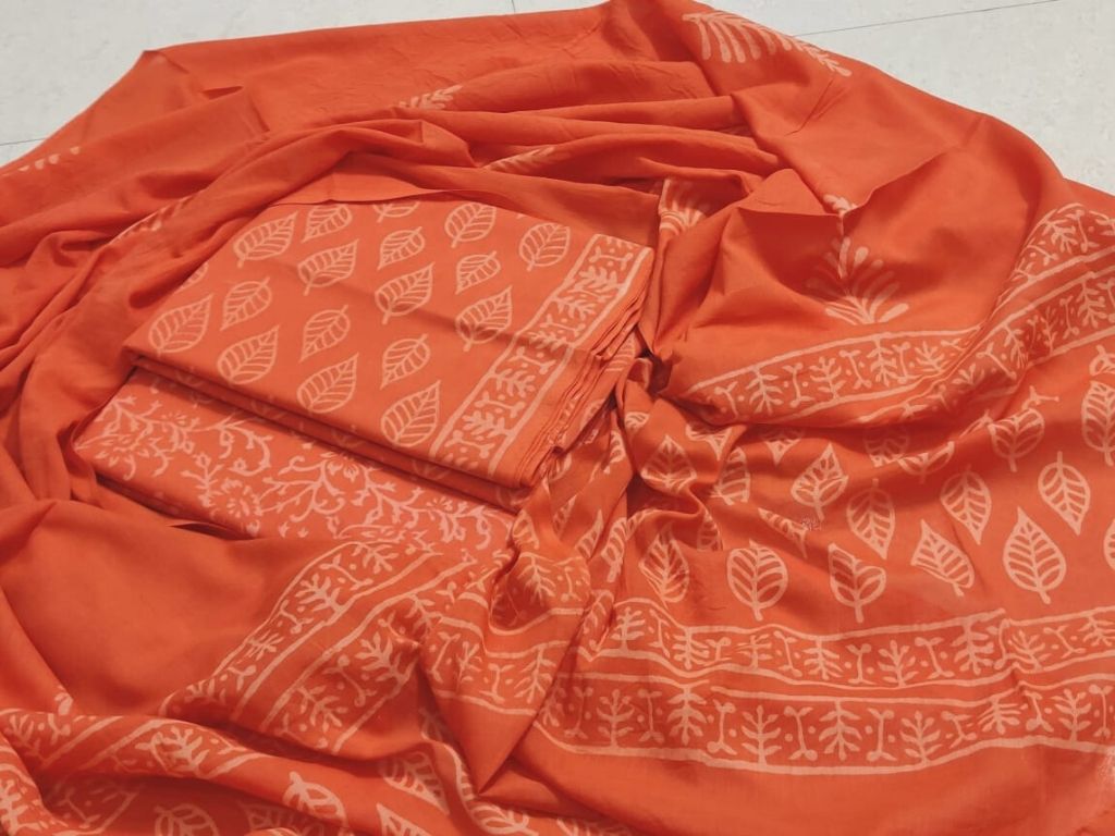 Orange Leaf Print Cotton Suit Set with Cotton Duppatta