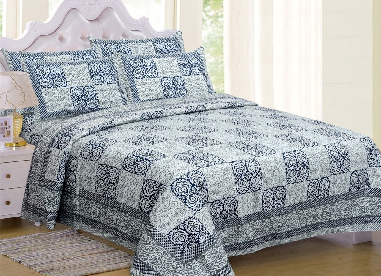 Grey Flower Print King Size Cotton Bed Sheet