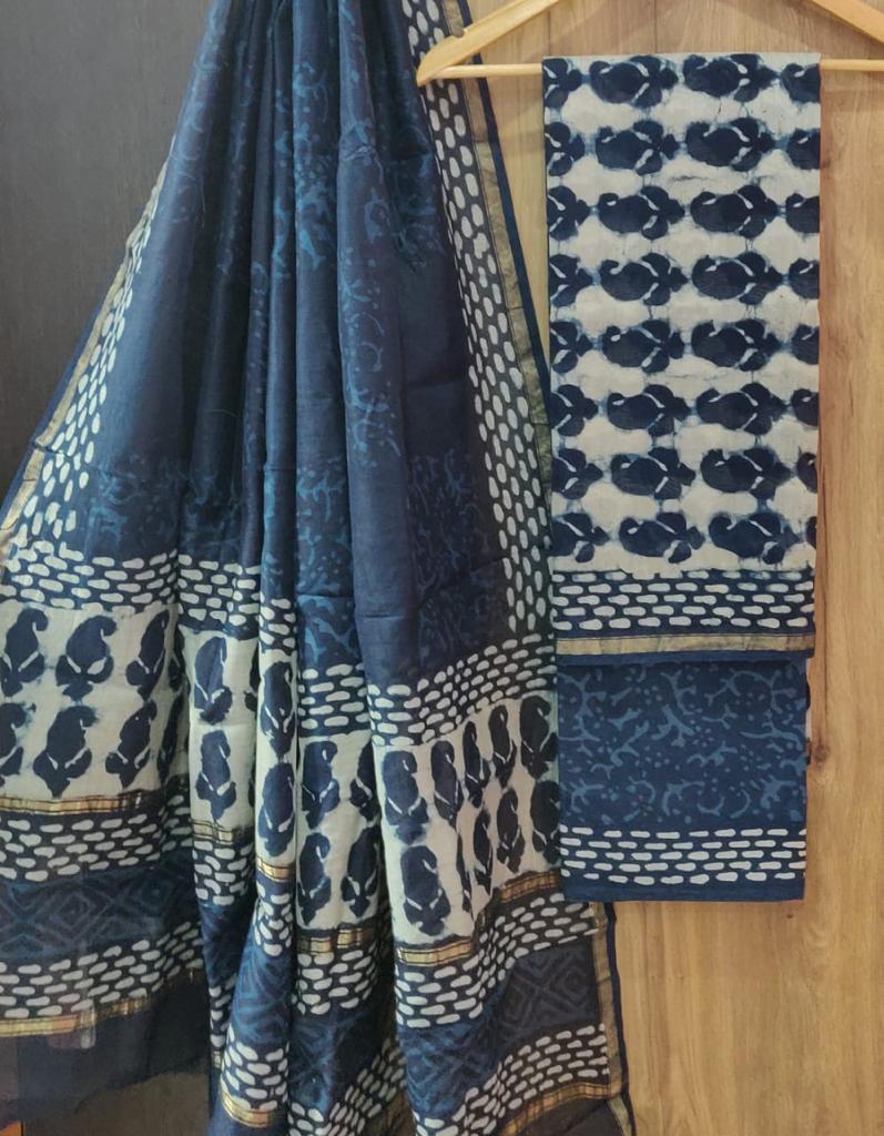 Blue Butta Print Chanderi Unstitched Suit Set with Cotton Bottom