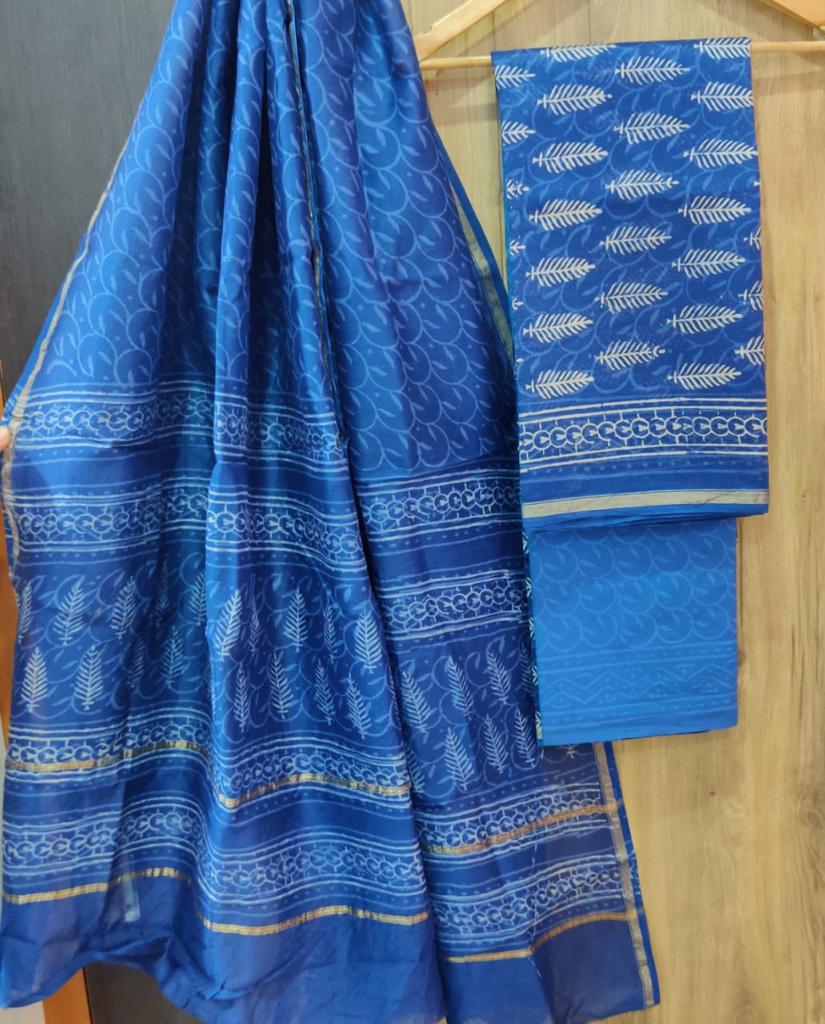 Blue Leaf Print Chanderi Silk Unstitched Suit Set with Chanderi Dupatta