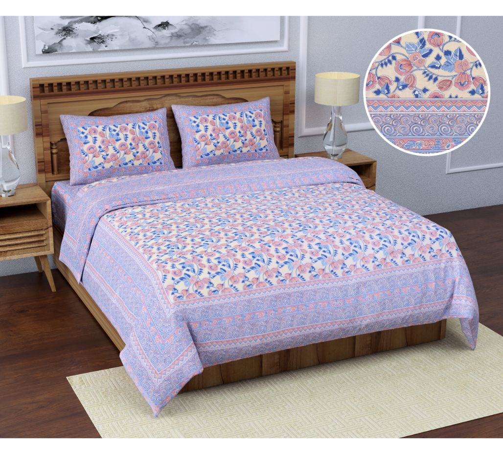 Beautiful Levender Border Pink & Blue Multi Flower Print XXL 108*108 King Size Pure Cotton Bed Sheet