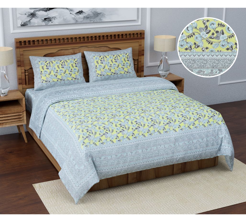 Beautiful Lemon Base Soothing Grey Floral Print XXL 108*108 King Size Pure Cotton Bed Sheet