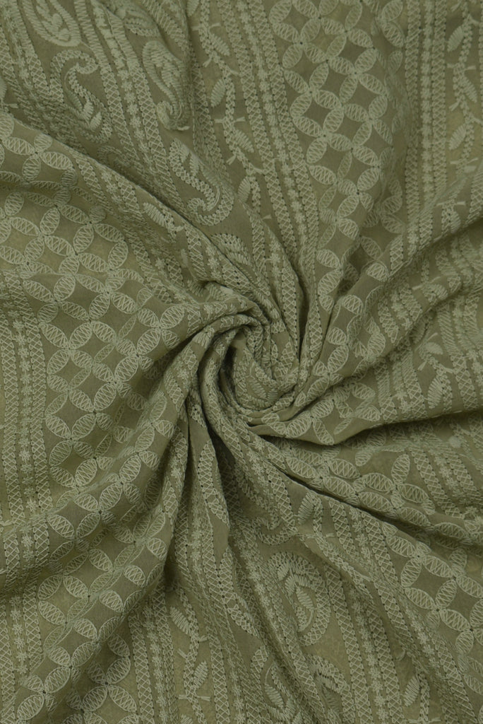 Green Butta Print Lucknawi Kashida Work Georgette Fabric