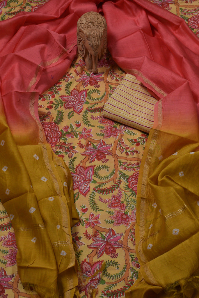 Yellow Flower Print Cotton Unstitched Suit Set with Chiffon Dupatta