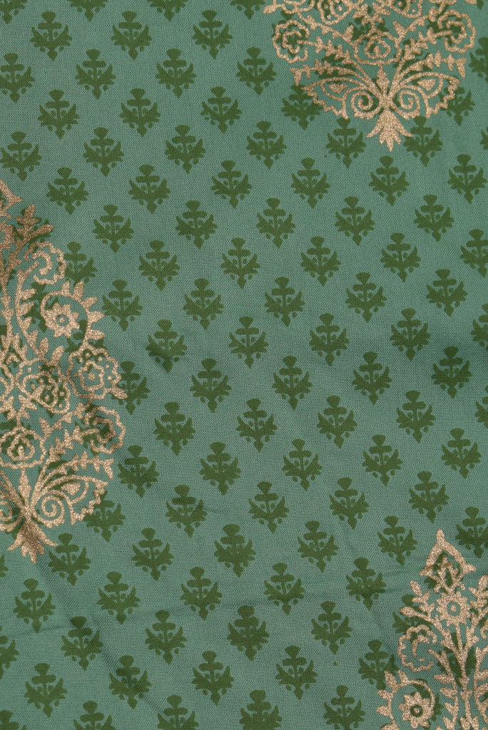 Green with Gold Flower Print Cotton Fabric