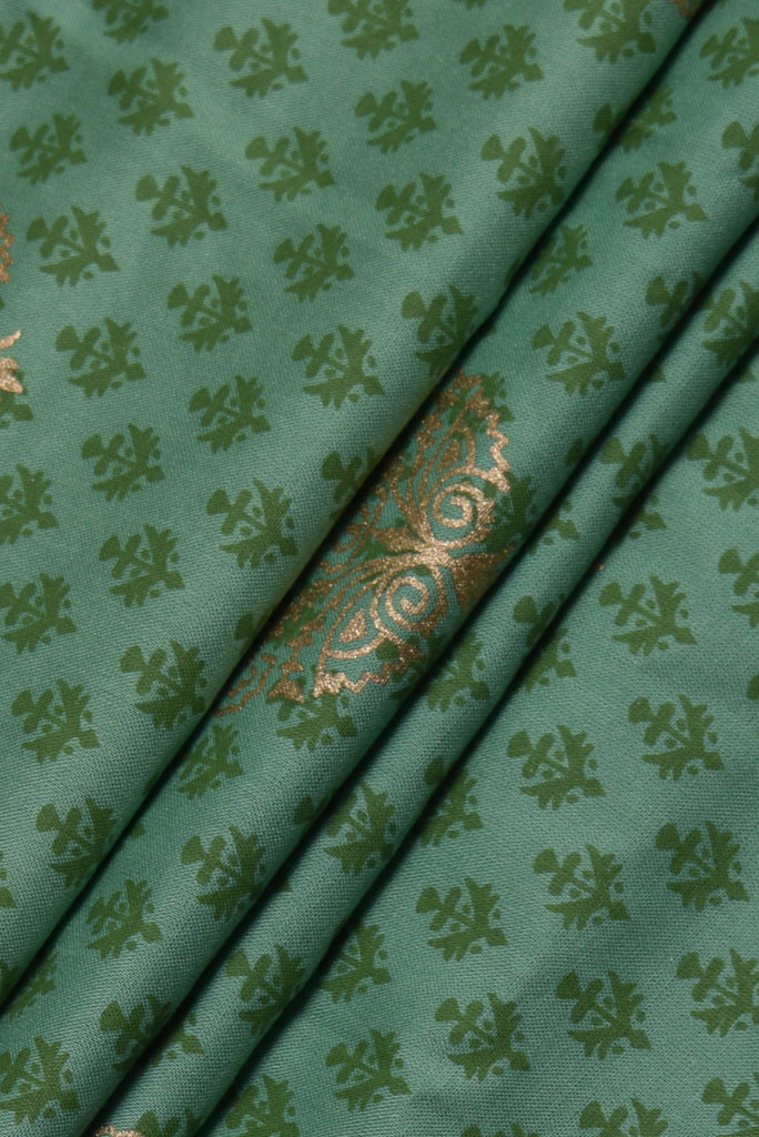 (Cut Piece 0.60 Mtr) Green with Gold Flower Print Cotton Fabric