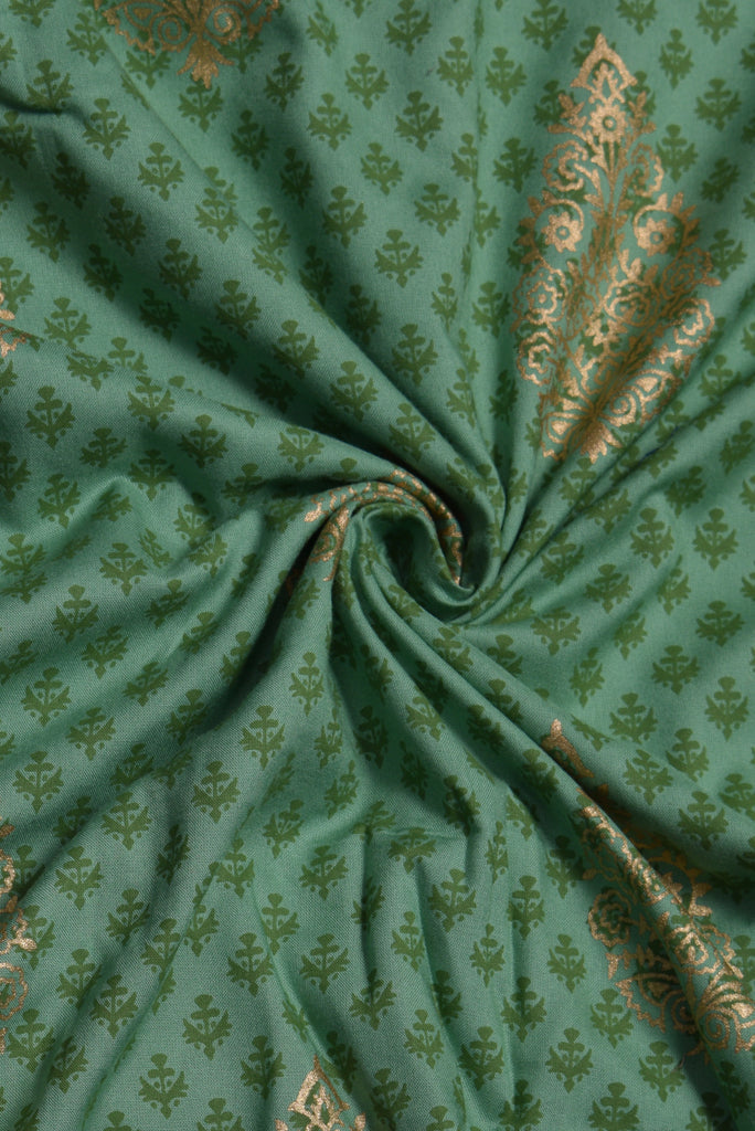 (Cut Piece 0.60 Mtr) Green with Gold Flower Print Cotton Fabric