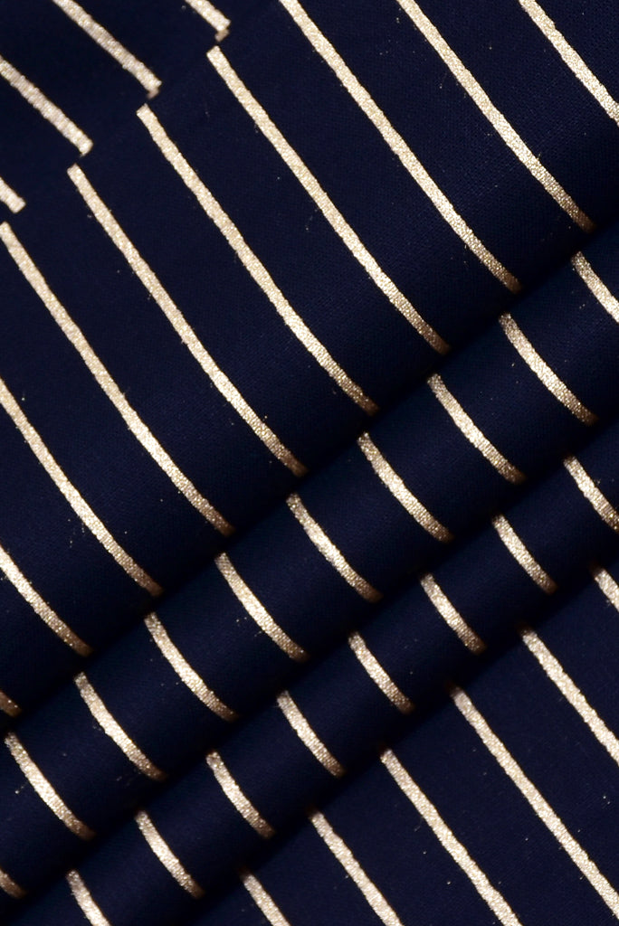 (Cut Piece 0.50 Mtr) Blue Gold Stripes Print Rayon Fabric