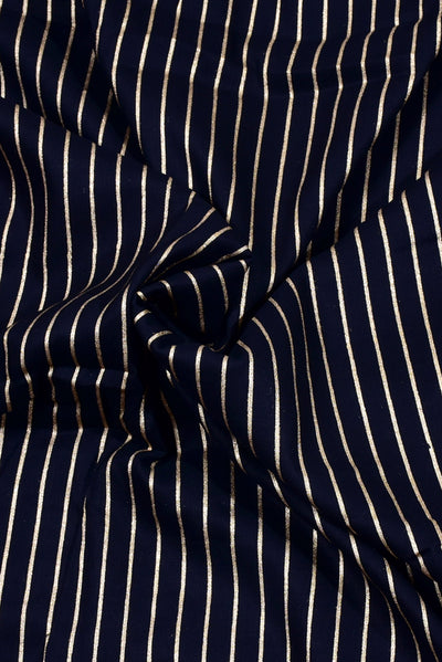 Blue Gold Stripes Print Rayon Fabric
