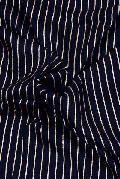 (Cut Piece 0.50 Mtr) Blue Gold Stripes Print Rayon Fabric