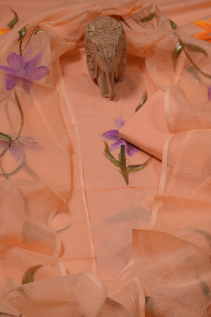 Peach Flower Print Cotton Unstitched Suit Set with Kota Silk Dupatta