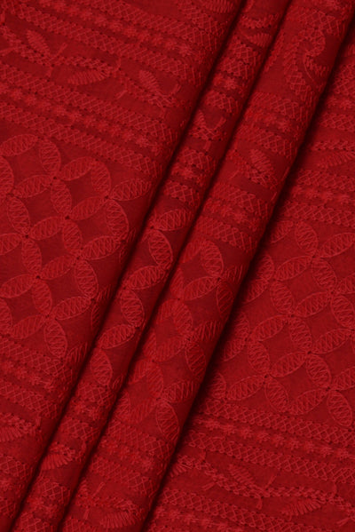 Red Butta Print Lucknawi Kashida Work Georgette Fabric