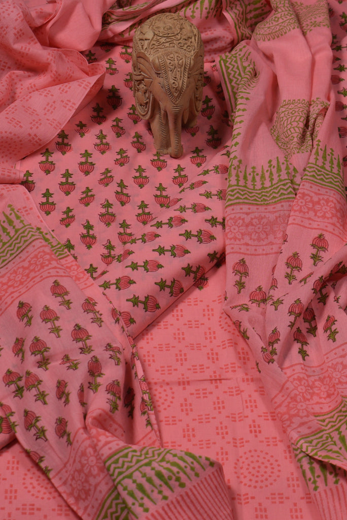Pink Flower Print Cotton Unstitched Suit Set with Cotton Dupatta