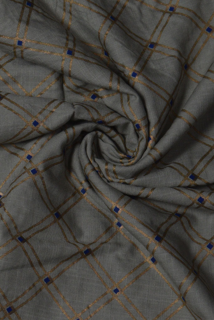 Gray & Gold Checks Print Cotton Slab Fabric