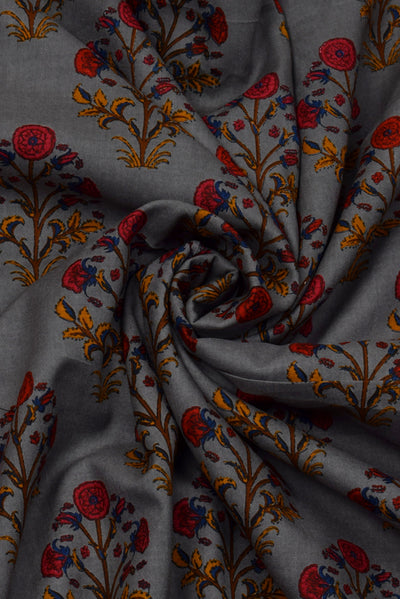 Dark Grey Flower Print Rayon Fabric