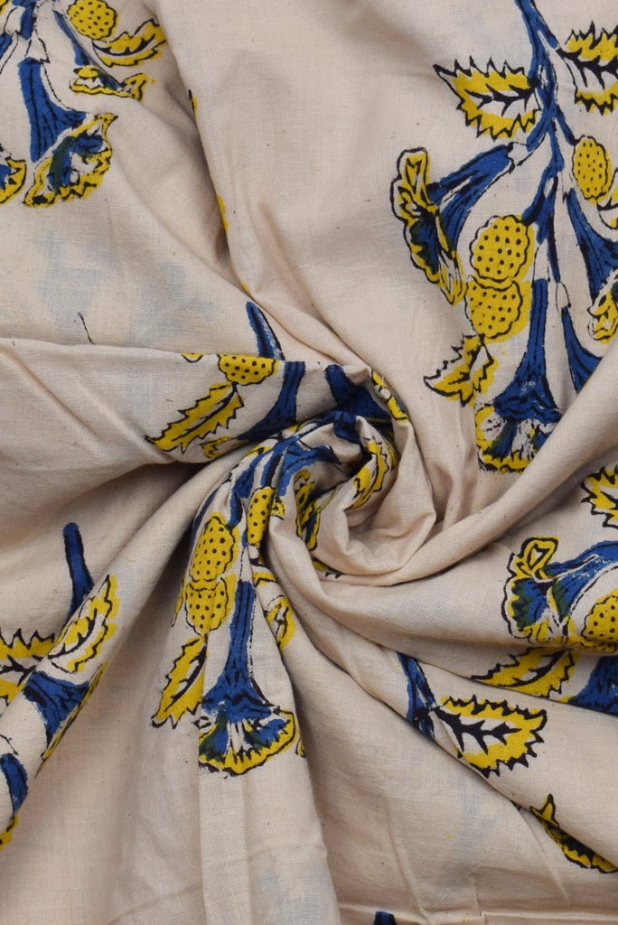 Blue & Yellow Flower Print Bagru Dabu Fabric