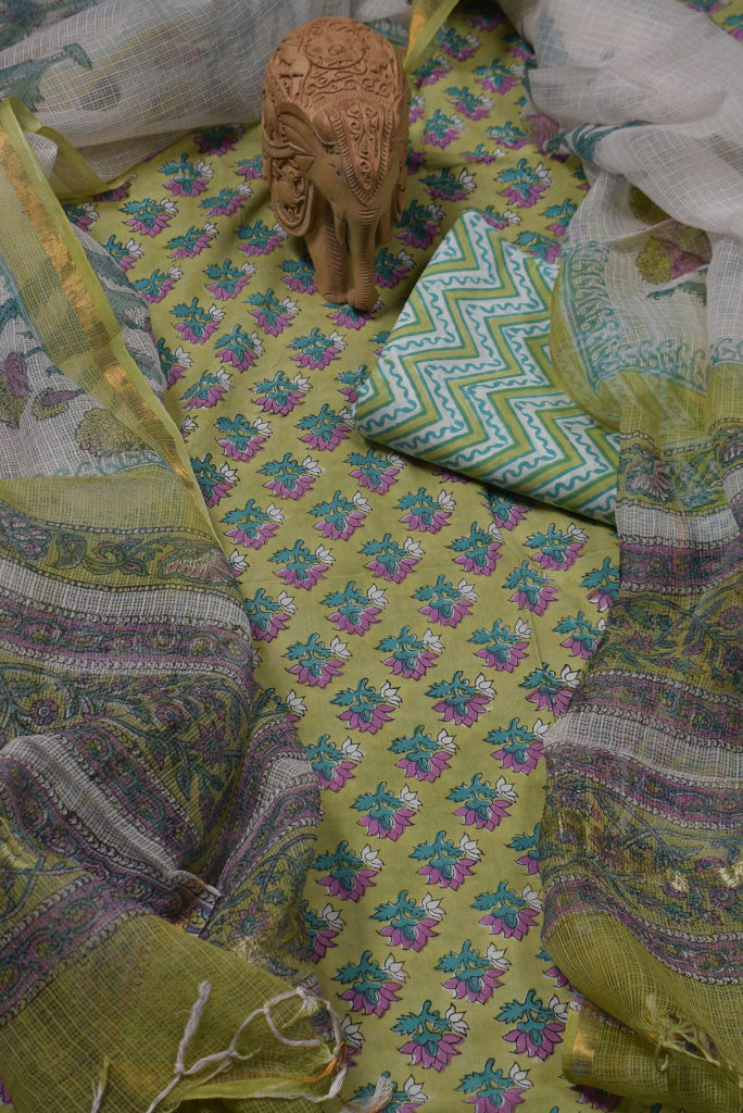 Green Flower Print Cotton Unstitched Suit Set with Kota Doria Dupatta