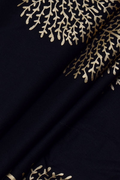 Black Gold Leaf Print Rayon Fabric