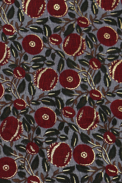 Gray & Red Flower Print Cotton Slub Fabric