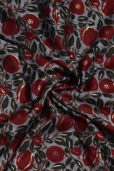 Gray & Red Flower Print Cotton Slub Fabric
