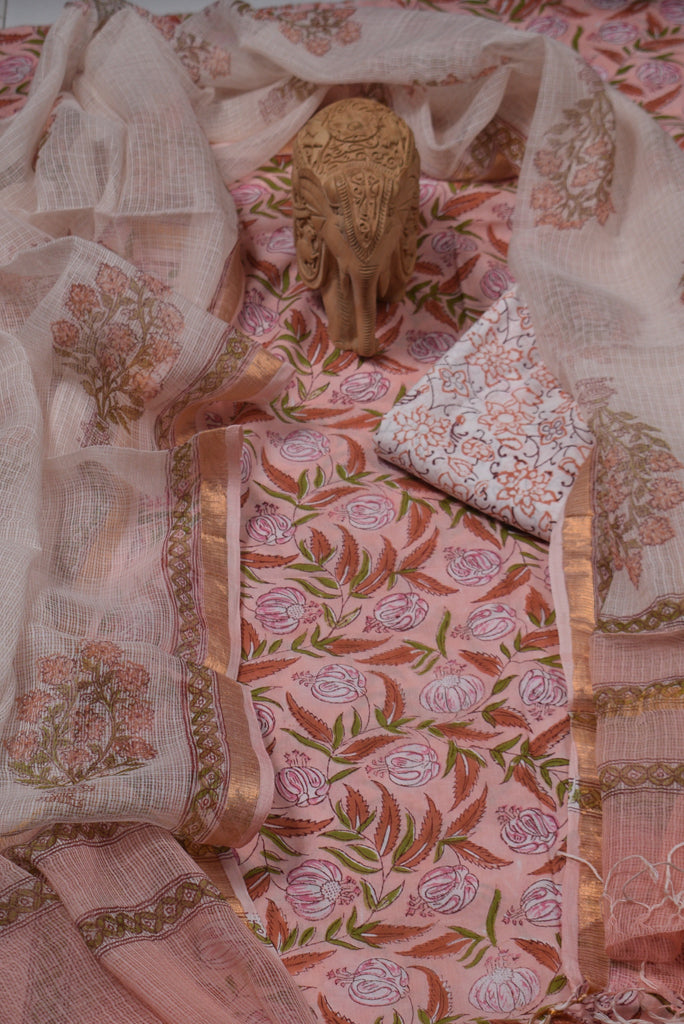 Peach Flower Print Cotton Unstitched Suit Set with Kota Doria Dupatta