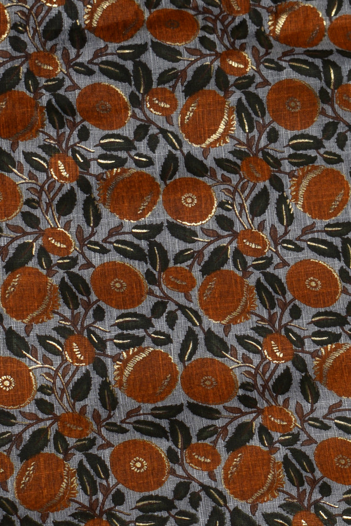 Gray & Brown Flower Print Cotton Slub Fabric