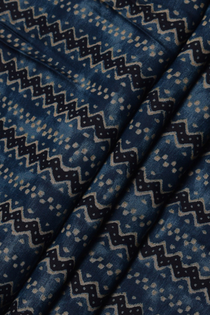 Blue Zig Zag Print Muslin Fabric