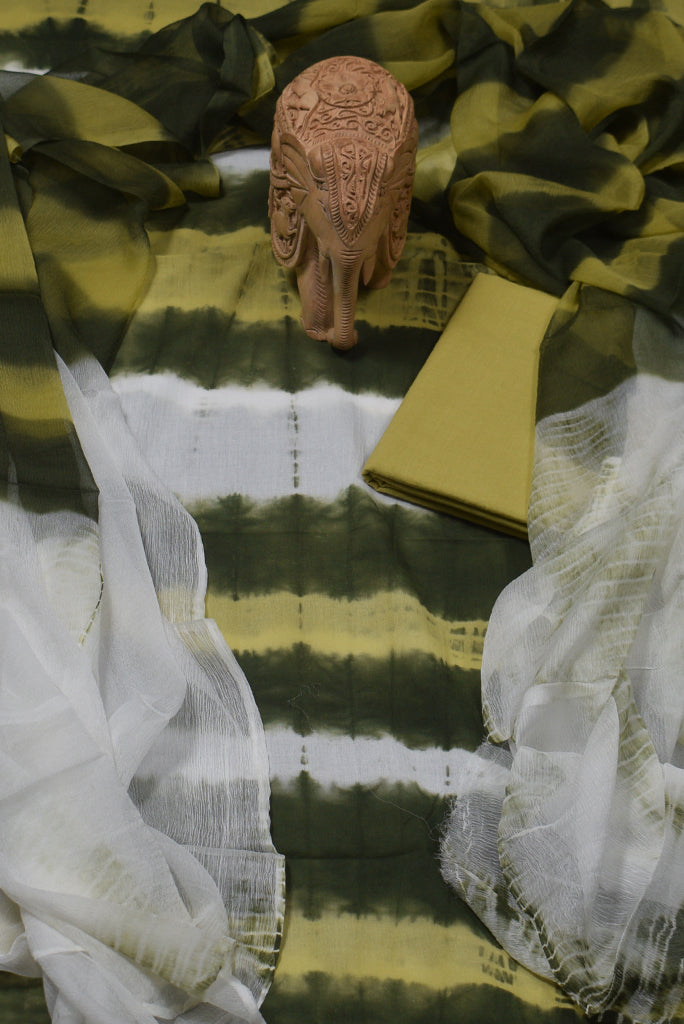 Green Tie Die Print Cotton Unstitched Suit Set with Chiffon Dupatta