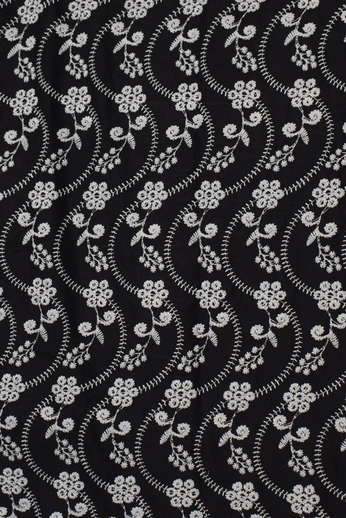 Black Flower Print Cotton Fancy Fabric with Embroidery