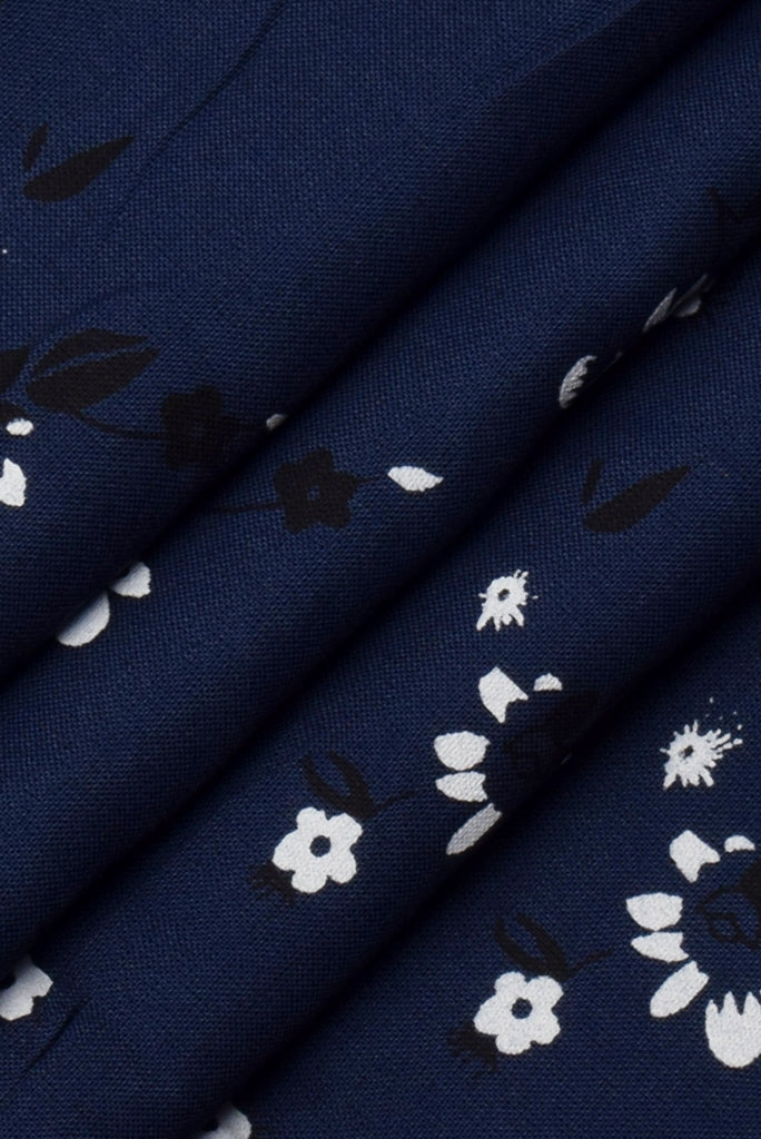 Navy Blue Flower Print Cotton Fabric