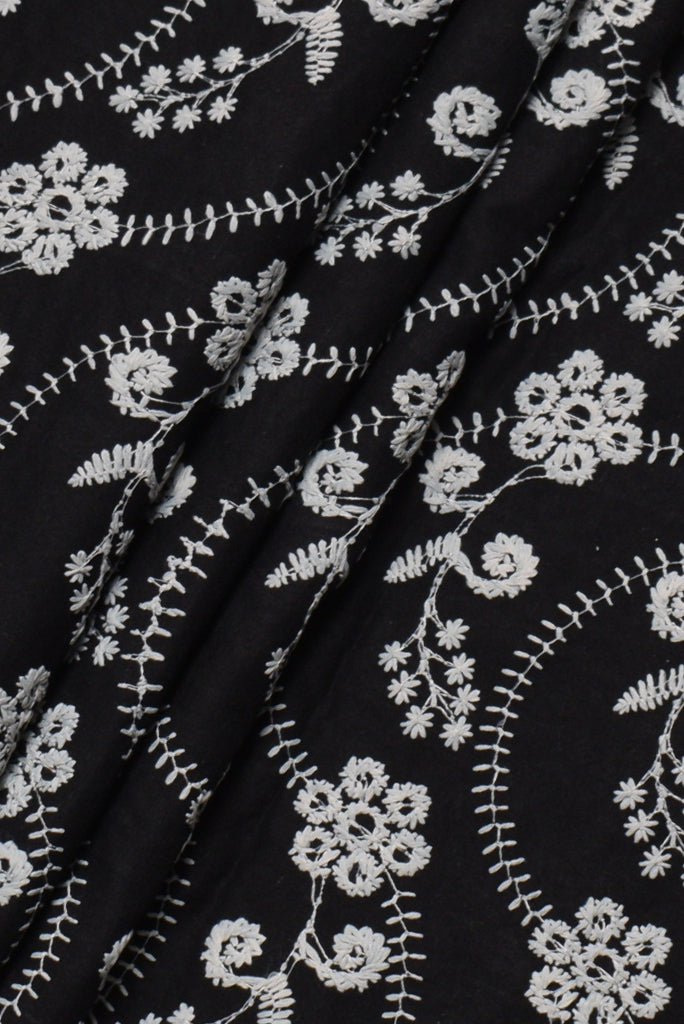Black Flower Print Cotton Fancy Fabric with Embroidery