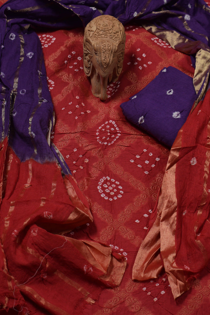 Red Bandhej Print Cotton Unstitched Suit Set with Cotton Dupatta