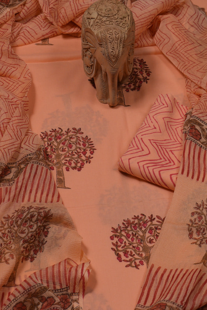 Peach Flower Print Cotton Unstitched Suit Set with Chiffon Dupatta