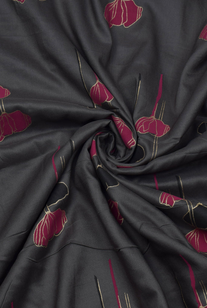 Charcoal Flower Print Rayon Fabric