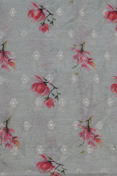 Gray Flower Print Heavy Work Chanderi Silk Fabric