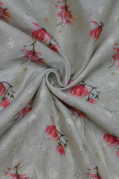 Gray Flower Print Heavy Work Chanderi Silk Fabric