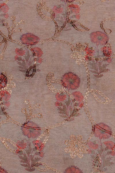 Peach Flower Print Heavy Work Chanderi Silk Fabric